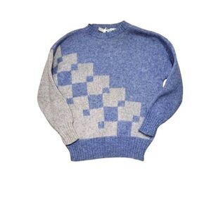 VTG Great Britain 100% Pure New Wool Sweater Blue White Checker Detail Womens 38